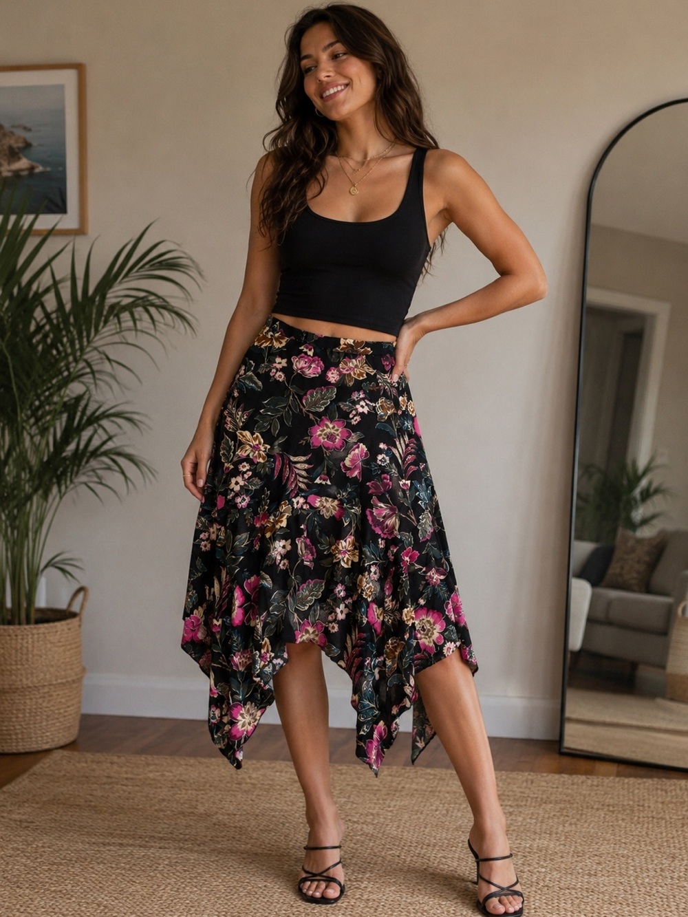Jessica Simpson Black Asymmetrical Floral Skirt with Pink, Gold & Blue Accents